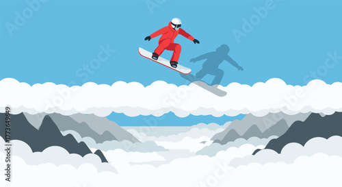 Snowboarder in red suit jumping above cloudy mountain landscape in flat art style