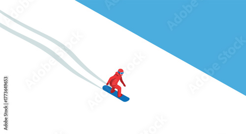 Snowboarder in red suit gliding downhill on blue and white background in isometric style