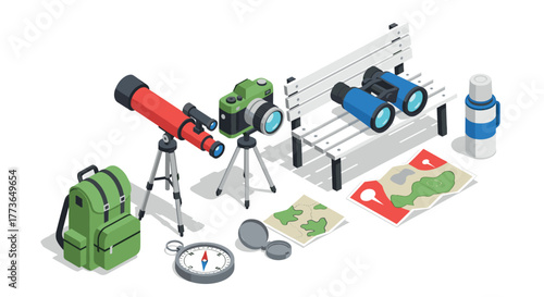 Isometric astronomy and adventure gear with telescopes, cameras, and maps