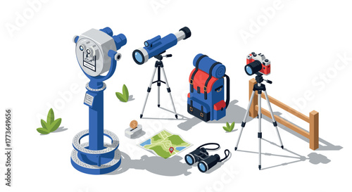 Isometric camping gear with telescope and binoculars in outdoor setting