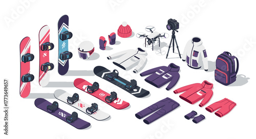 Winter sports equipment isometric snowboards, drones, and apparel for adventure enthusiasts