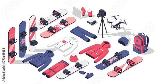 Winter sports gear isometric set with snowboards, camera, drone, and clothing