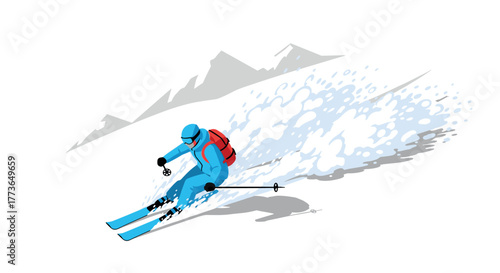 Skier in blue suit races down snowy mountain slope with red backpack in dynamic design
