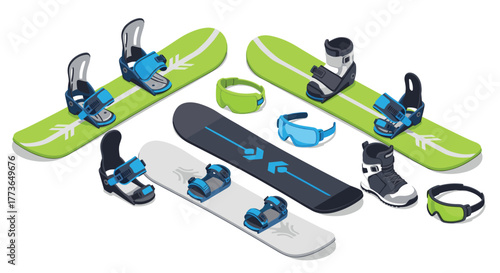Isometric snowboarding gear set with snowboards and accessories