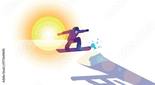 Colorful snowboarder jumping in mountain landscape at sunrise