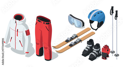 Isometric ski gear icon set jacket, pants, equipment, helmet, and accessories