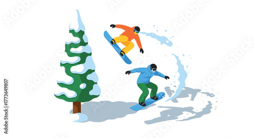 Isometric winter snowboarding scene with jumping riders and snowcovered tree