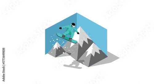 Snowboarder in geometric landscape with mountains and snowflakes for modern winter sports design