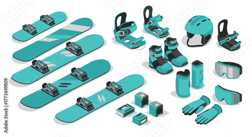 Modern isometric winter sports gear collection with snowboards and accessories