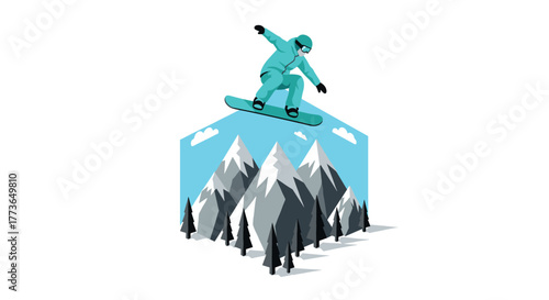 Snowboarder performing stunt over snowy mountain landscape