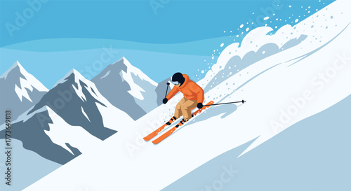 Adventure skiing in snowy mountains with blue sky and powder trail