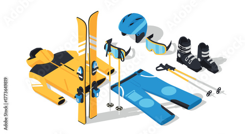 Isometric winter sports gear ski equipment in modern style
