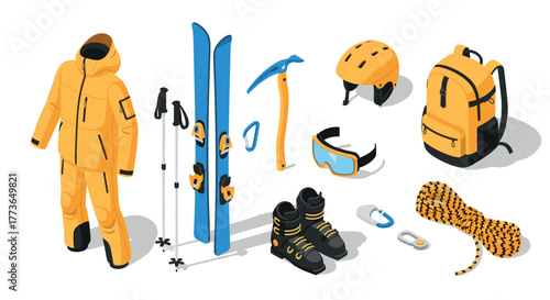 Outdoor adventure gear in isometric style  skiing and climbing essentials on white background