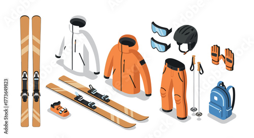 Winter sports gear essentials in isometric style jackets, skis, helmets, and more