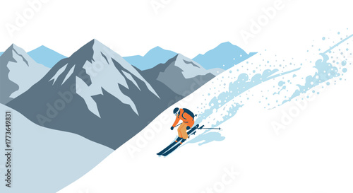 Dynamic skier gliding down snowy mountain slope in minimalist winter landscape