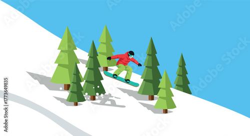 Snowboarder jumping on a sunny day in minimalist winter landscape