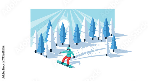 Isometric snowboarding in winter wonderland with pine trees and sunburst