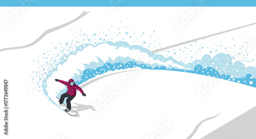 Snowboarder gliding on fresh powder in minimalist style winter landscape