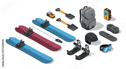 Comprehensive collection of isometric winter sports equipment and accessories for snowboarders and skiers