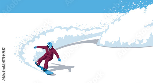 Dynamic snowboarder carving through fresh powder in vibrant flat art style