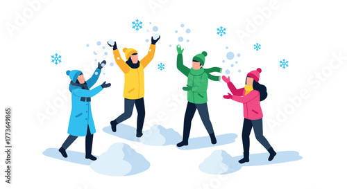 People enjoying snow day in winter clothing with snowflakes and playful activity