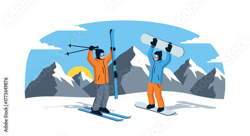 Winter adventure friends enjoying skiing and snowboarding in the mountains