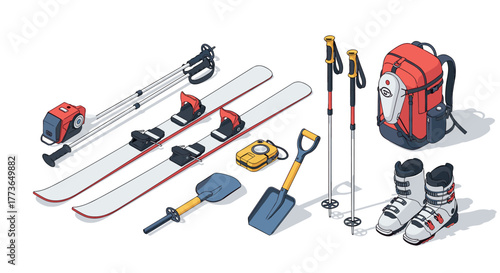 Essential winter sports gear skis, boots, and accessories in an isometric style