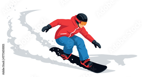 Snowboarder in action with red jacket and blue pants on snow trail