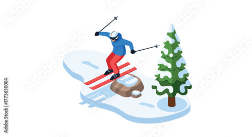Isometric winter sports skier jumping over snowy slope with evergreen tree