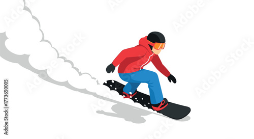 Snowboarding adventure dynamic flat art of a snowboarder in action