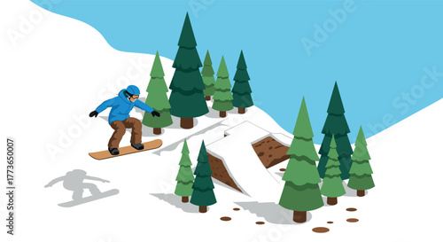 Isometric winter snowboarder jumping amidst evergreen trees in snowy landscape