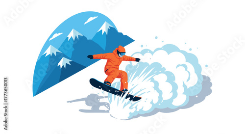 Dynamic snowboarding adventure with snow spray and mountain backdrop in vibrant colors