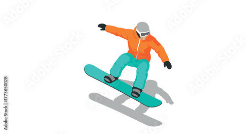 Winter sports adventure snowboarder in midair jump with vibrant gear