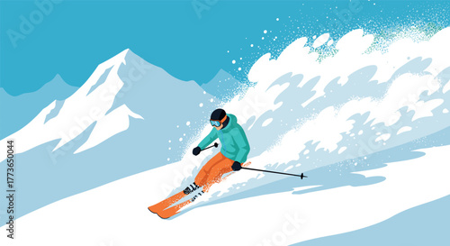 Dynamic skiing adventure on snowy mountain with fresh powder and clear blue sky