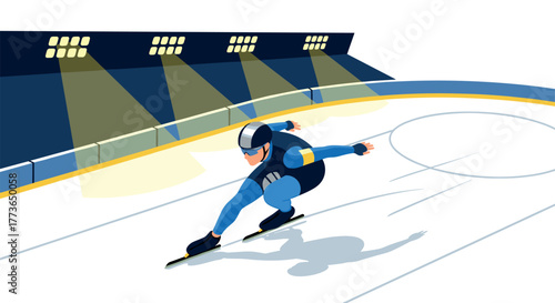 Speed skating athlete racing on ice rink in dynamic flat design illustration