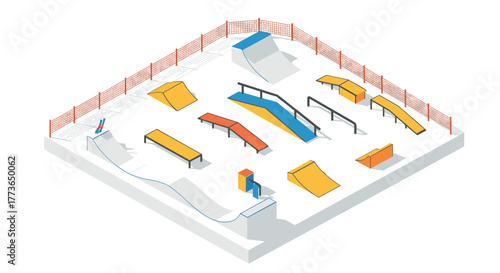 Isometric urban skatepark design with colorful ramps and rails