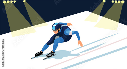 Speed skating athlete in dynamic competition on ice with spotlight