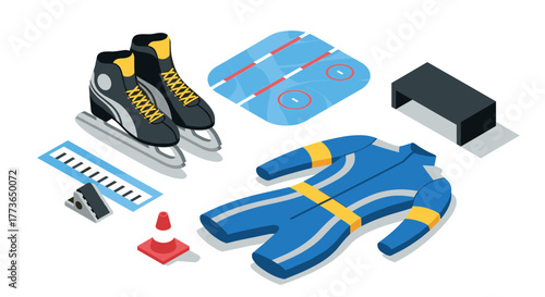 Isometric winter sports equipment set with ice skates and hockey gear