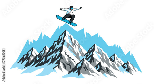 Snowboarder performing jump over majestic snowy mountains in vibrant cartoon style