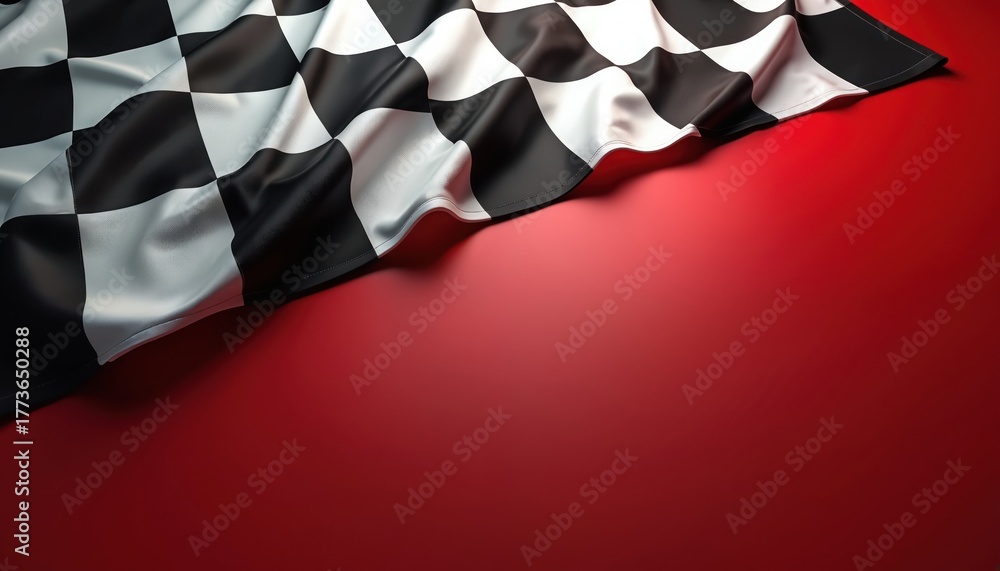 Obraz premium Black and white checkered flag waving against a red background. This photo represents motorsport racing success victory. The image depicts competitive sport spirit.