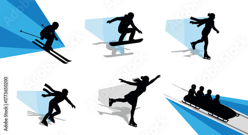 Winter sports silhouettes skiing, snowboarding, ice skating, and bobsledding