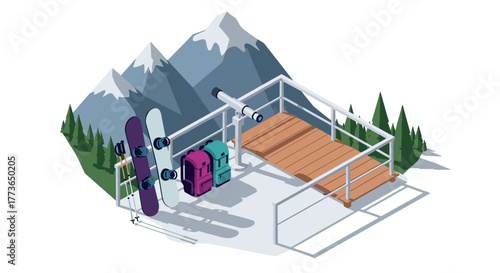 Isometric mountain scene with snowboards, backpacks, and viewing platform