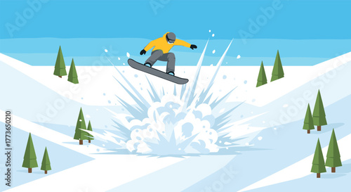 Winter snowboarding adventure in minimalist style with dynamic mountain landscape