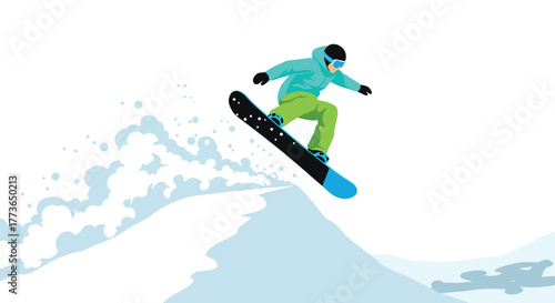Exciting snowboard jump with snowy background and blue sky