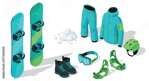 Winter sports gear collection featuring snowboarding equipment and clothing