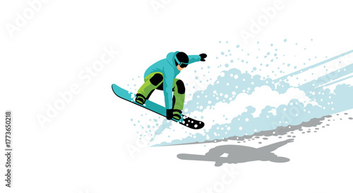 Snowboarder performing stunt in midair with dynamic snow spray on mountain