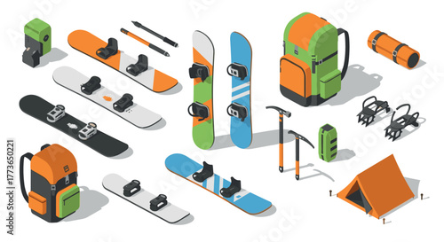 Isometric winter sports gear and camping equipment collection