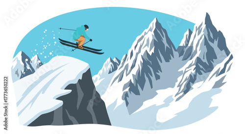 Daring skier leaping off snowy mountain cliff in winter landscape