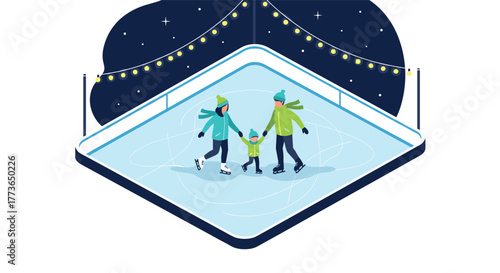 Family enjoying ice skating on rink at night with festive lights
