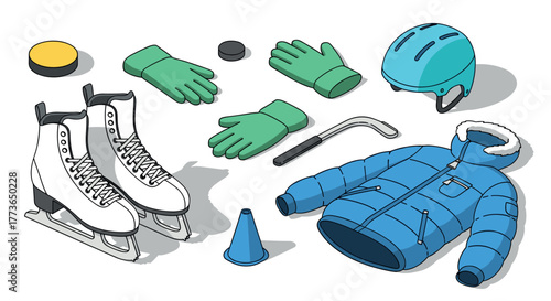 Winter sports gear in isometric layout featuring skates, helmet, and protective clothing